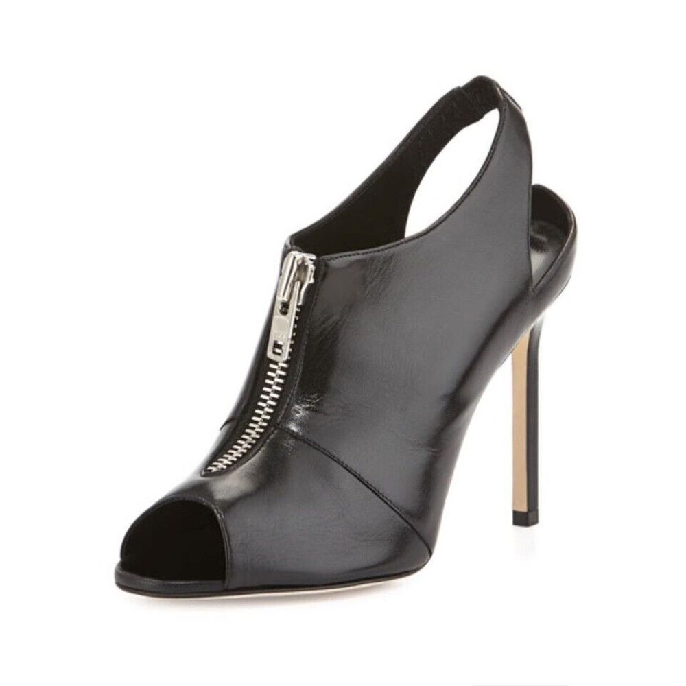 Manolo Blahnik Vella Zip-Front Slingback Bootie Black Stiletto Heels sz 37.5